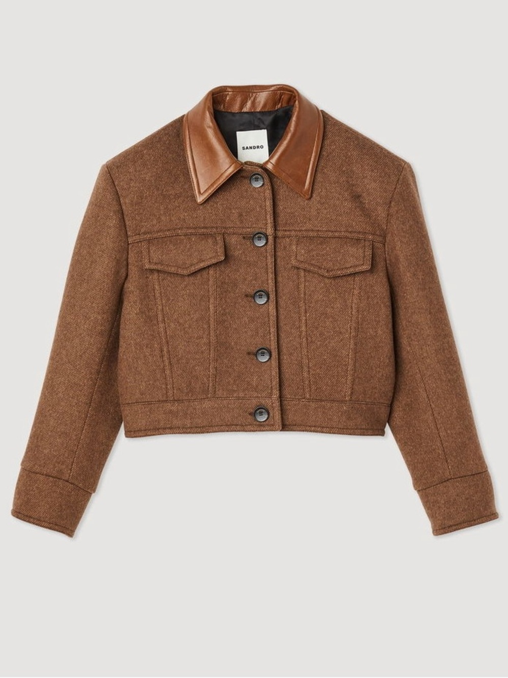 Sandro King Cropped Wool Twill Jacket Leather Collar - Picture 1 of 13
